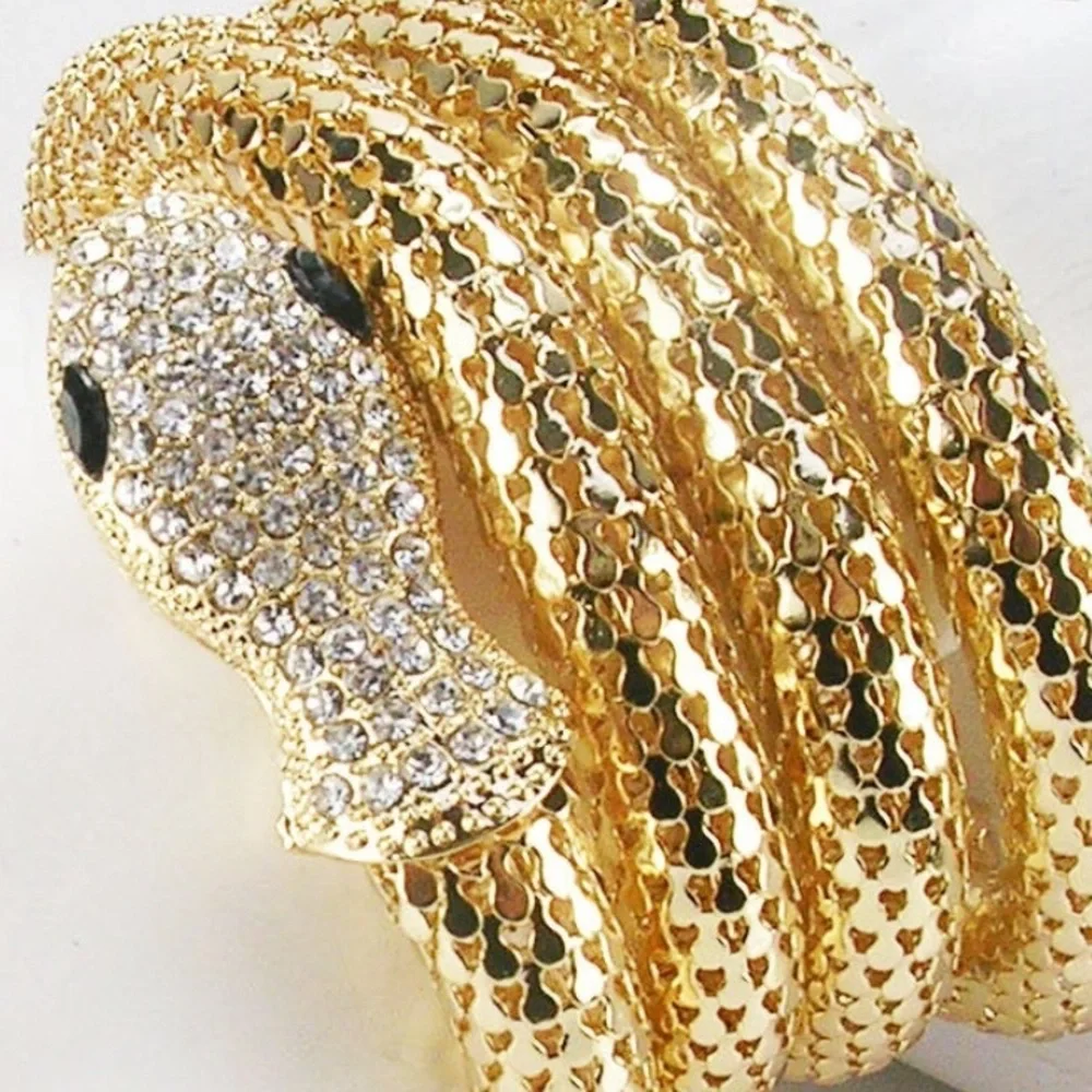 ⚜️ Kenneth Jay Lane Shimmering Gold Mesh and Clear Crystal Snake Wrap Bracelet - Picture 4 of 16